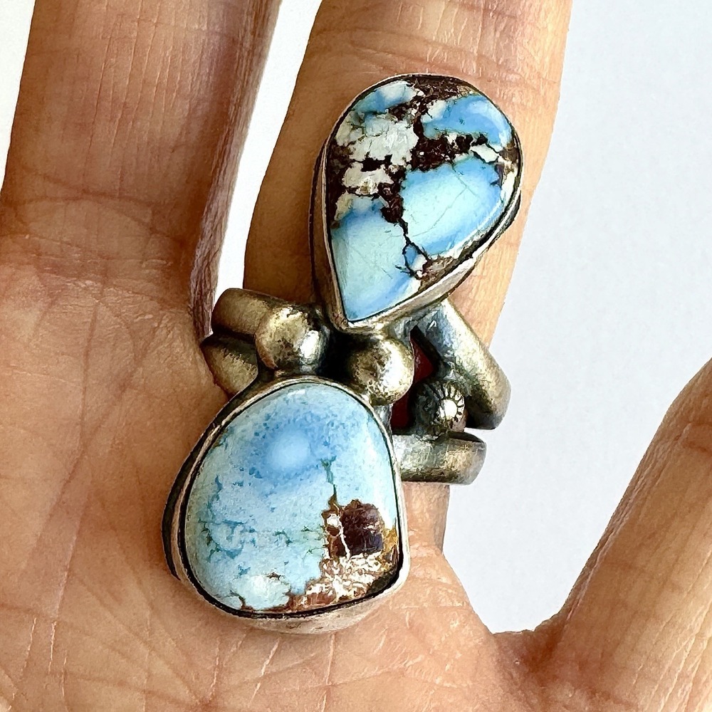 Navajo Blue Golden Hills Turquoise Ring Sz 7 Adjustable Two Stone Signed G Nez